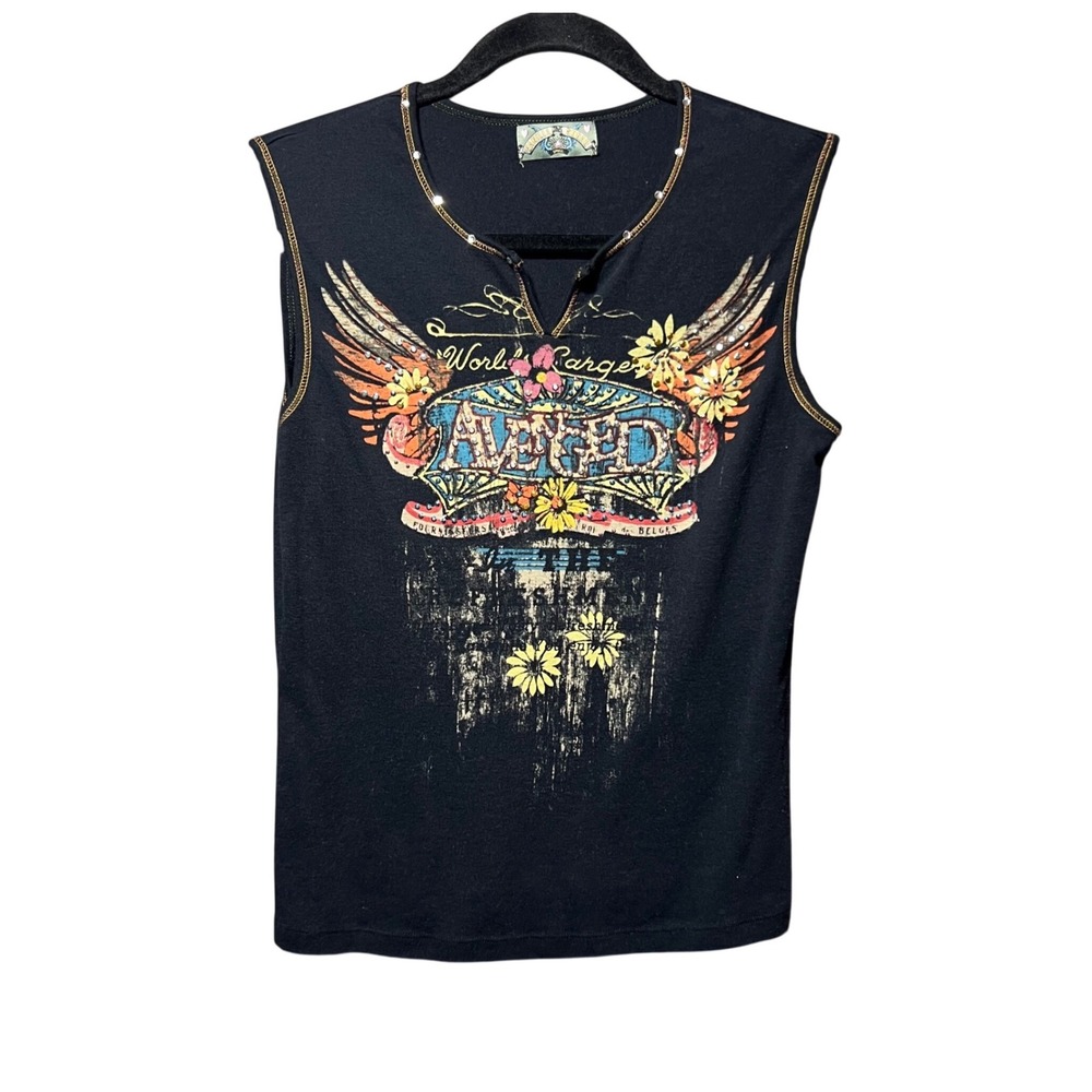 Vintage Y2K Vanilla Sugar Black Winged Graphic Rhinestone‎ Sleeveless Top Small